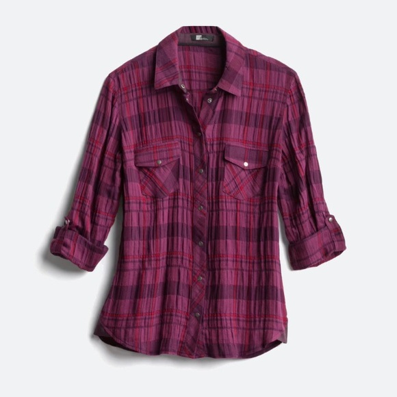 Kut From the Kloth Size M Women's Purple Burgundy Button Down Plaid Woven - Picture 1 of 13